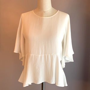 Forever 21 white round neck fitted bodice angel sleeves high low hem blouse S